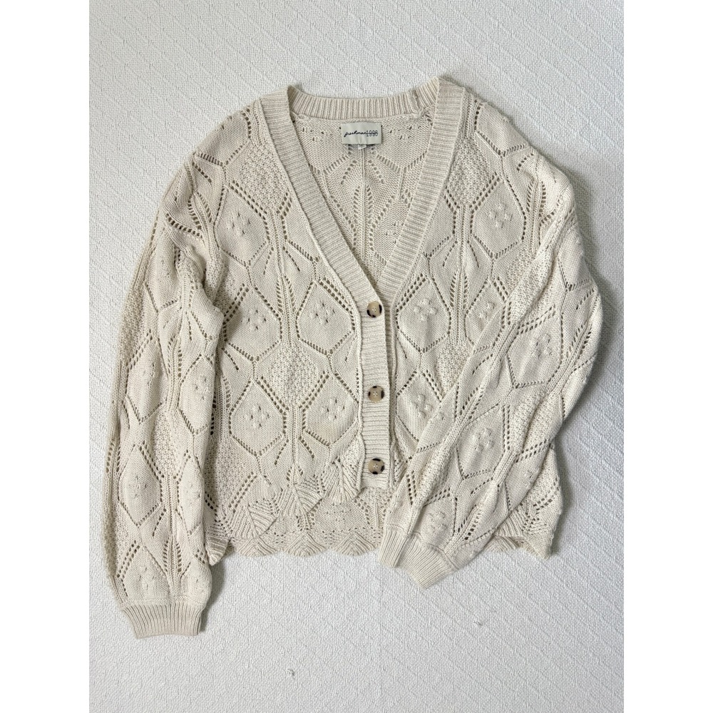 Freshman 1996 Cream Open Knit Cardigan Scalloped Hem Balloon Sleeve Size Small